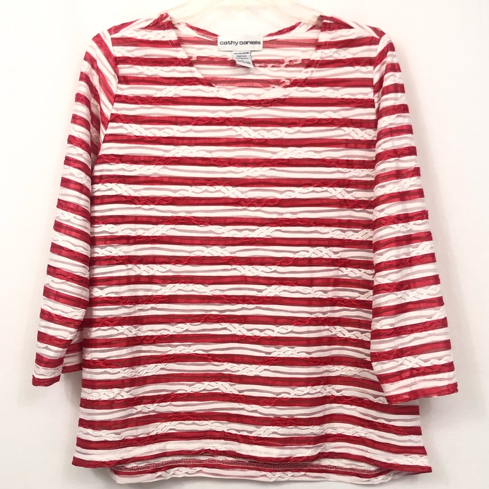 Cathy Daniels Shirt Top Blouse Red White Sheer